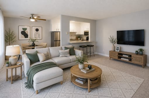 A living room with a white couch, a wooden coffee table, and a flat-screen TV mounted on the wall.