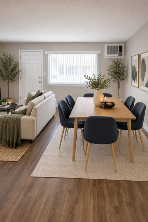 A dining room with a table and chairs.