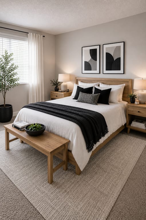 A bedroom with a bed, nightstands, and a plant.
