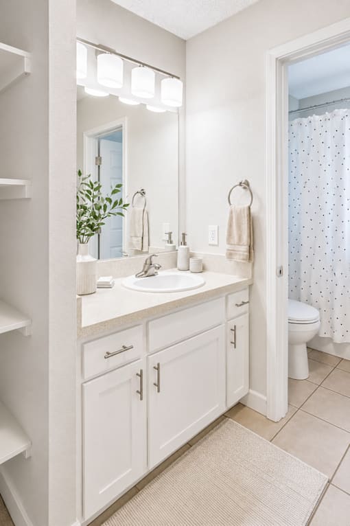 A white bathroom with a sink, mirror, and toilet.