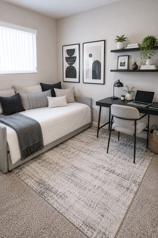 A bedroom with a bed, desk, and chair.