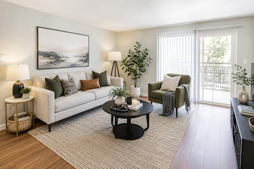 A living room with a white couch, a black coffee table, and a painting on the wall.