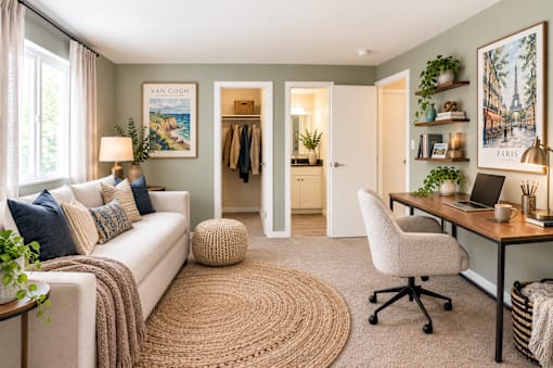 A cozy living room with a couch, a chair, a desk, and a rug.