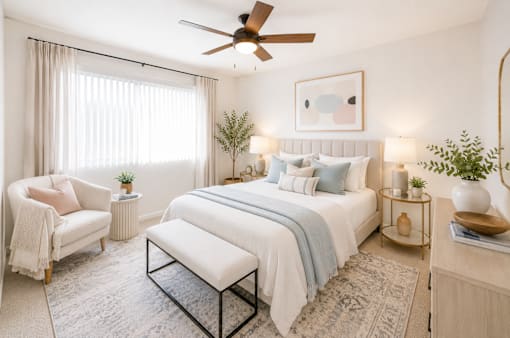 A bedroom with a large bed, a chair, and a ceiling fan.
