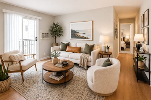 A living room with a white sofa, a wooden coffee table, and a large painting on the wall.