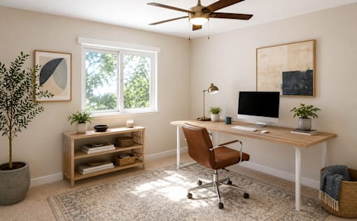 A room with a desk, chair, and a plant.