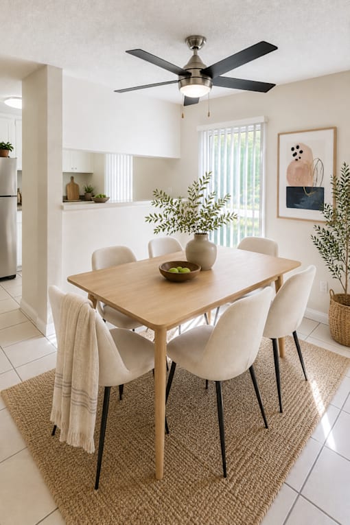A dining room with a table and chairs.