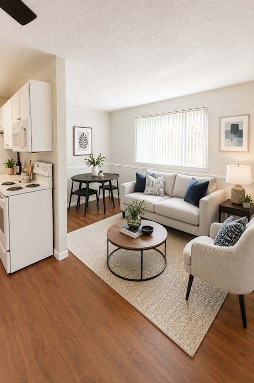 A living room with a white couch, a coffee table, and a kitchen area in the background.