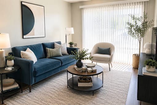 A living room with a blue couch, a white chair, and a coffee table with decorative items on it.