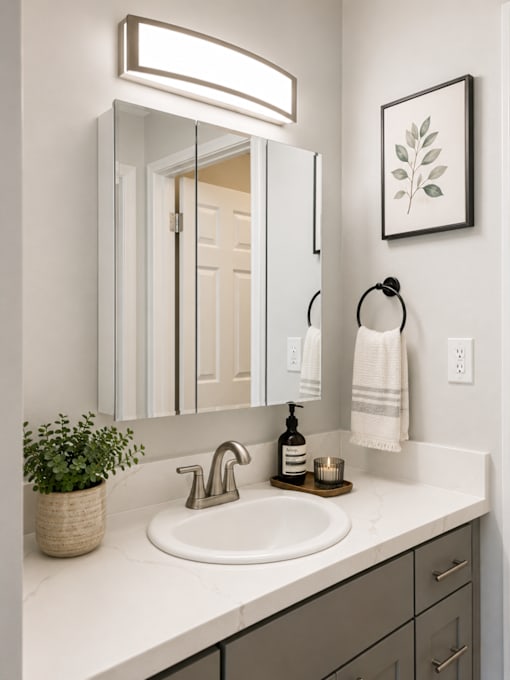 A bathroom with a white sink and a mirror above it.