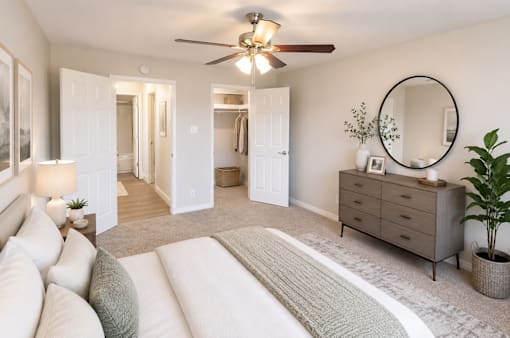 A living room with a white couch and a grey dresser.