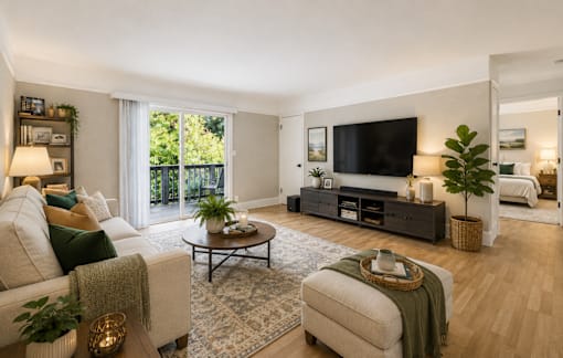 A living room with a white couch, a coffee table, and a flat screen TV.