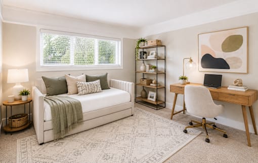 A cozy bedroom with a bed, desk, and chair.