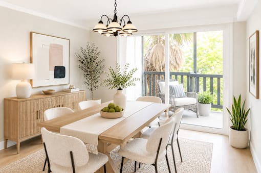 A dining room with a wooden table and chairs.