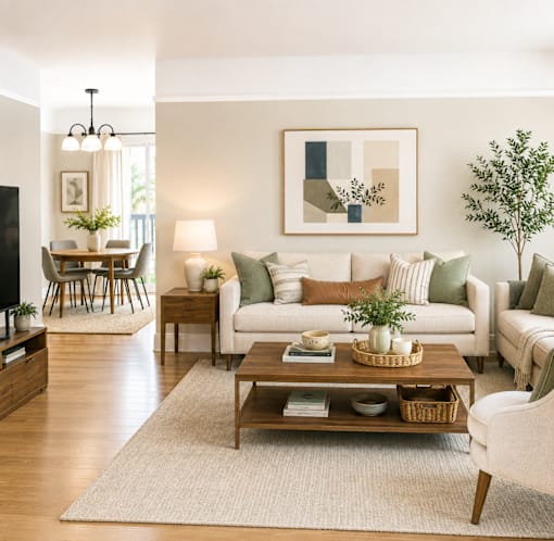 A living room with a white couch, a coffee table, and a painting on the wall.