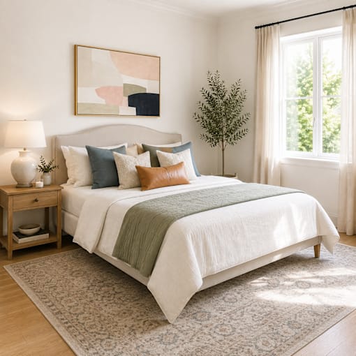 A bed with a white comforter and a grey blanket is in the center of the image.