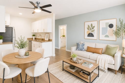 A modern living room with a dining table and chairs.