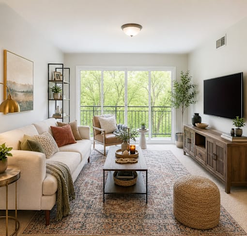 A living room with a white couch, a coffee table, and a television.