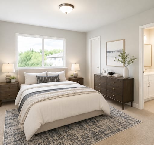 A bedroom with a large bed, a dresser, and a window overlooking a house.