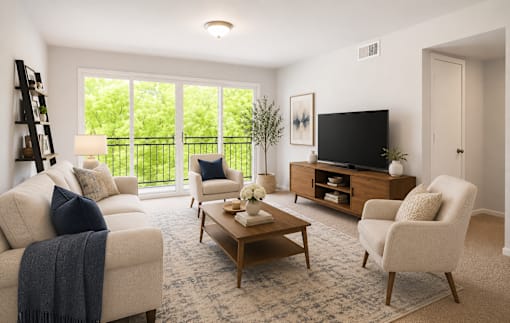 A living room with a sofa, armchair, and coffee table.