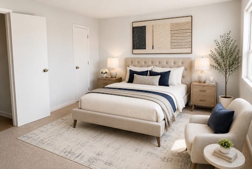 A bedroom with a large bed, a chair, and a small table.