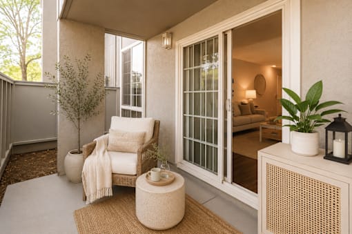 A cozy outdoor seating area with a chair, a table, and a potted plant.