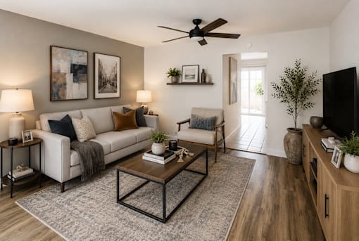 A living room with a white couch, a coffee table, and a ceiling fan.
