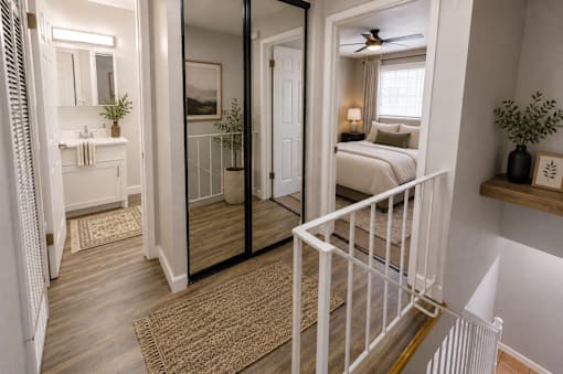 A white bathroom with a mirror and a white bedroom with a bed.