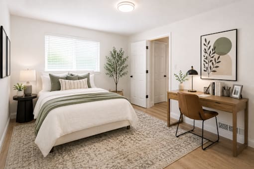 A bedroom with a bed, desk, and chair.