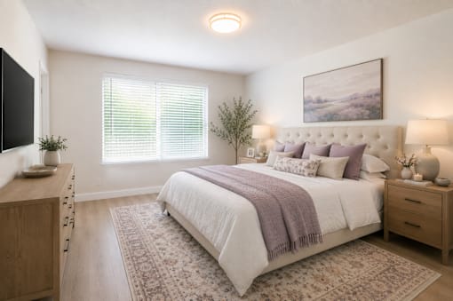 A bedroom with a large bed, a wooden dresser, and a painting on the wall.