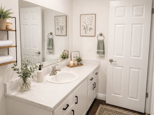 A bathroom with a white sink and a mirror above it.