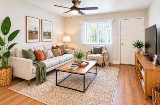 A living room with a white couch, a coffee table, and a ceiling fan.