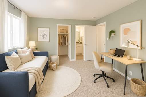 A room with a blue couch, a desk with a laptop, and a white chair.