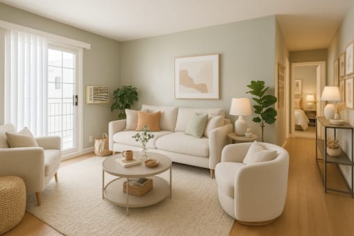 A living room with a white sofa, a coffee table, and a potted plant.