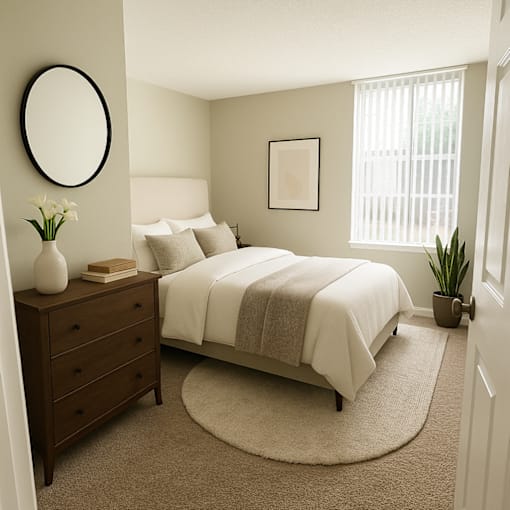 A bedroom with a bed, dresser, and a plant.