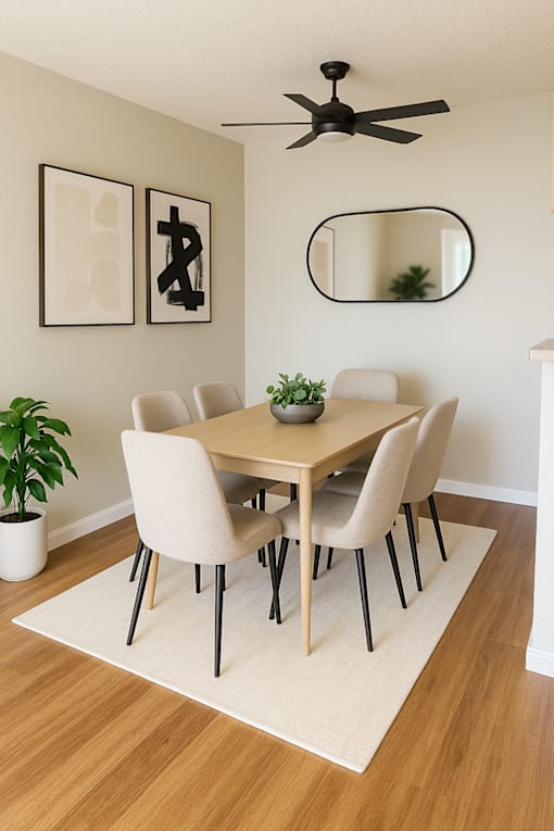 A dining room with a table, chairs, and a ceiling fan.