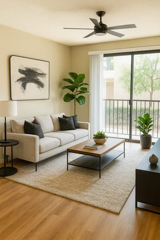 A living room with a white couch, a coffee table, and a ceiling fan.