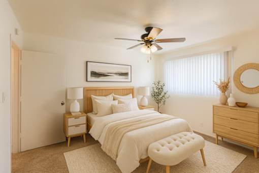A bedroom with a bed, nightstand, and chair.