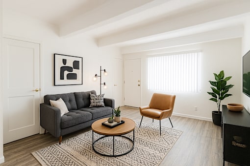 A living room with a grey couch, a coffee table, and a chair.