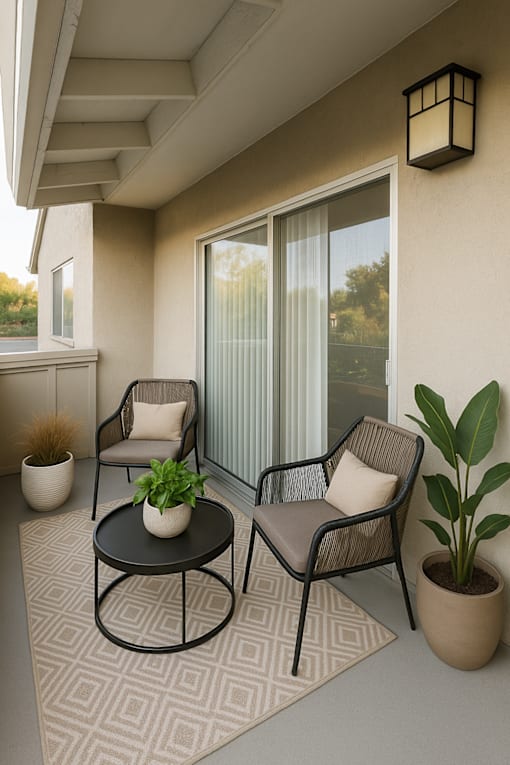 A patio with a table, two chairs and a potted plant.