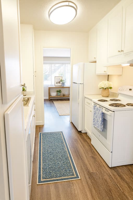 A kitchen with white appliances and a blue rug on the floor.