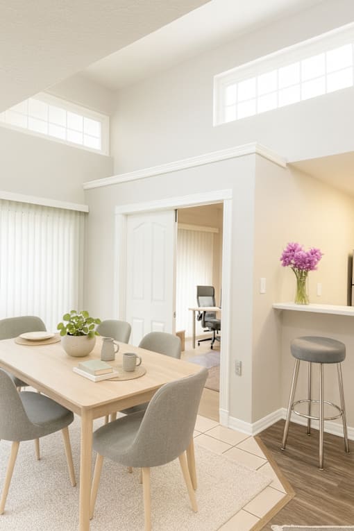 A dining room with a table set for four.