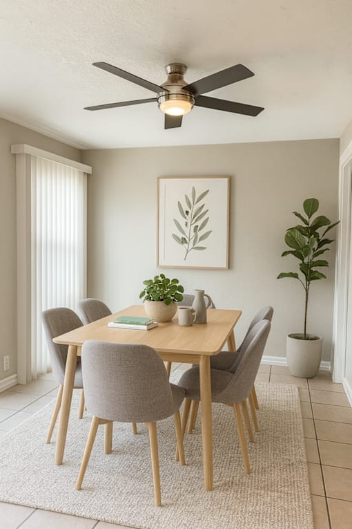 A dining room with a table, chairs, and a ceiling fan.