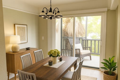 A dining room with a wooden table and chairs.