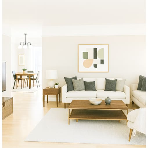 A living room with a white couch, a coffee table, and a painting on the wall.