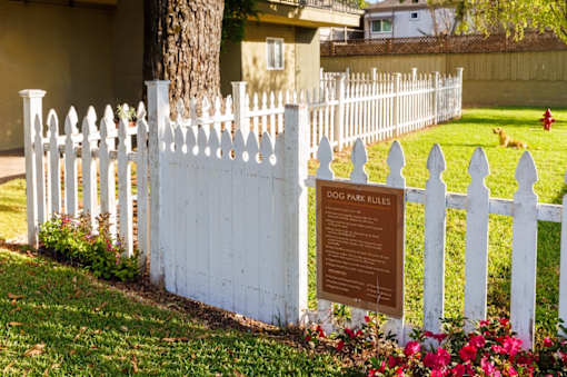 A sign on a white picket fence that says Dog Park Rules.