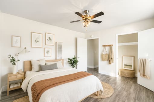 A bedroom with a bed, a ceiling fan, and a rug.