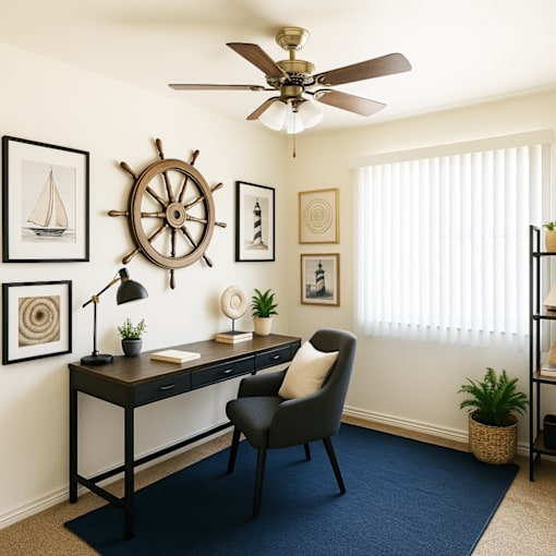 A room with a desk, chair, and a ceiling fan.