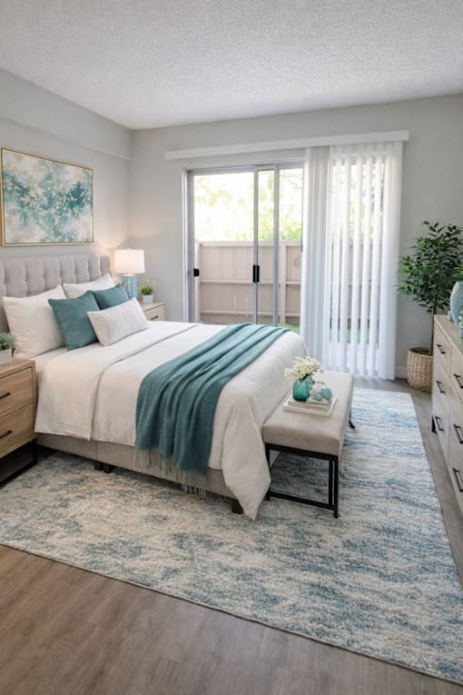 A bedroom with a large bed and a painting on the wall.