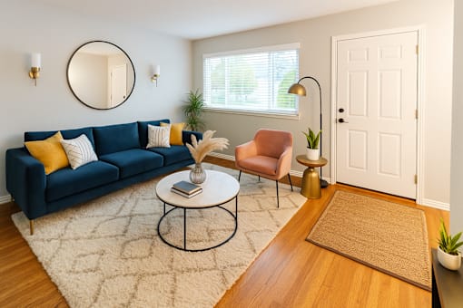 A living room with a blue couch, a round mirror, and a wooden floor.
